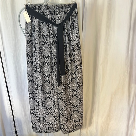 handmade Pants - Elegant Black & White Patterned wide leg pant elastic waist belted beach travel